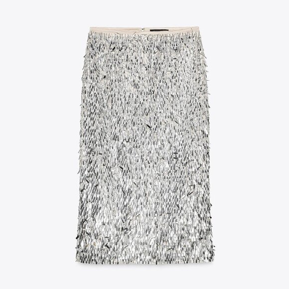 Zara Silver Sequin Midi Skirt - Picture 2 of 9